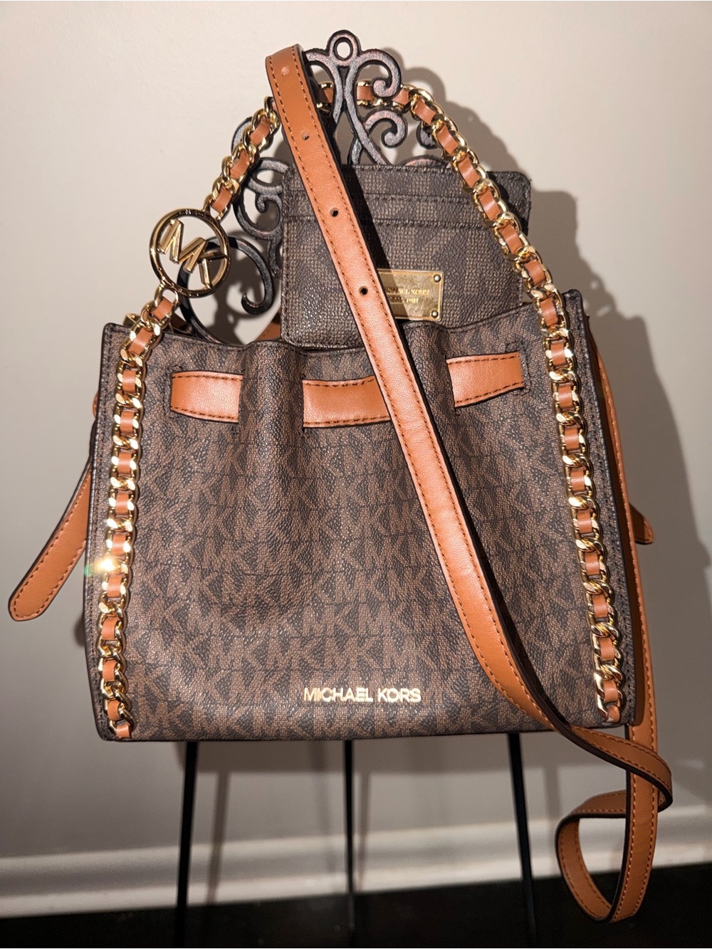 Michael Kors Brown & Tan Logo Chain-Trim Shoulder Bag